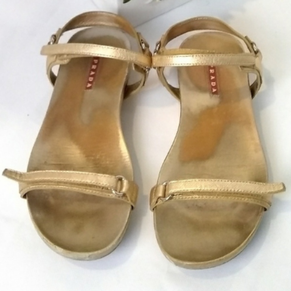 Prada Gold sandal 7.5 Velcro strap close STUNNING